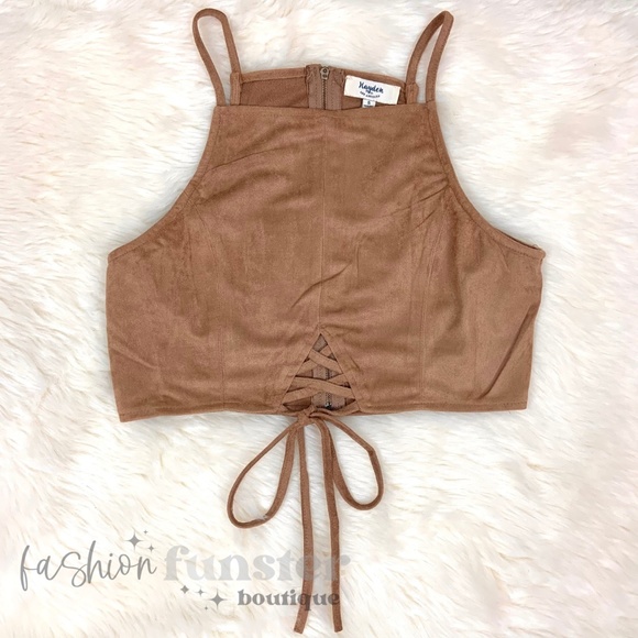 Boho 1960s 1970s Style Faux Tan Brown Suede Leather Festival Halter Tie Crop Top - Picture 4 of 9